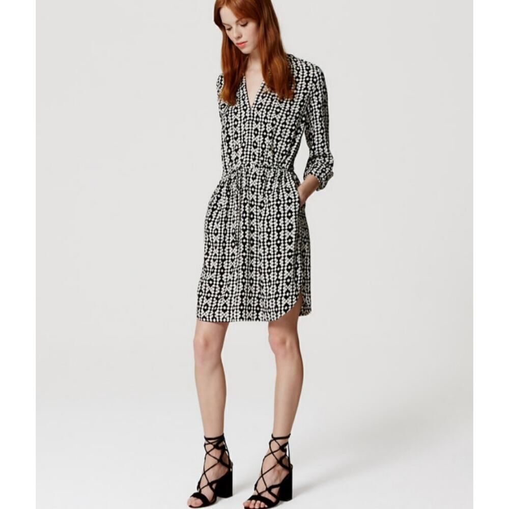 Ann Taylor LOFT diamond print tie waist shirt dress sz SP